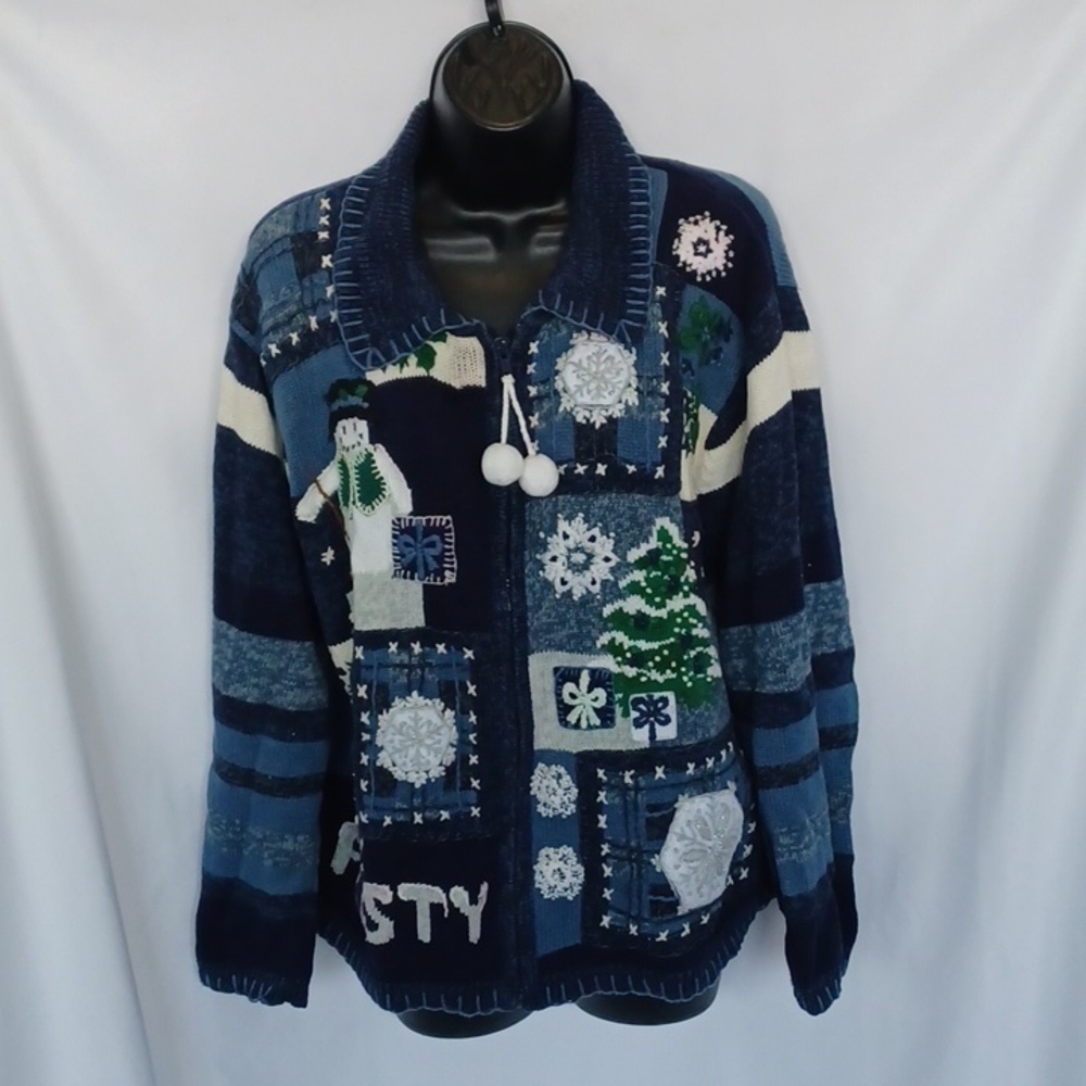 Tiara Frosty Christmas Snowman Sweater, Blue & White, Zip Large, 24"PTP